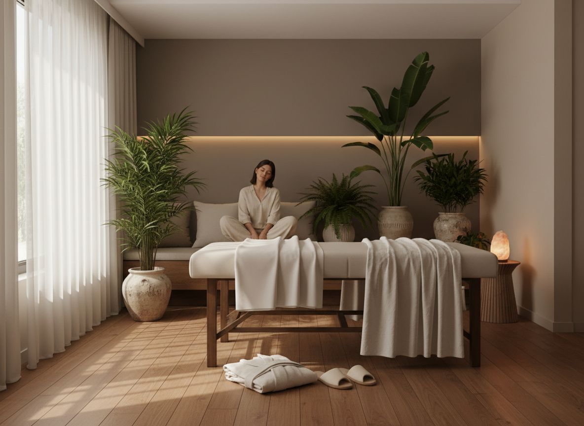 Przytulny pokój spa z nowoczesnym stołem do masażu, naturalnym światłem i roślinami w tle.