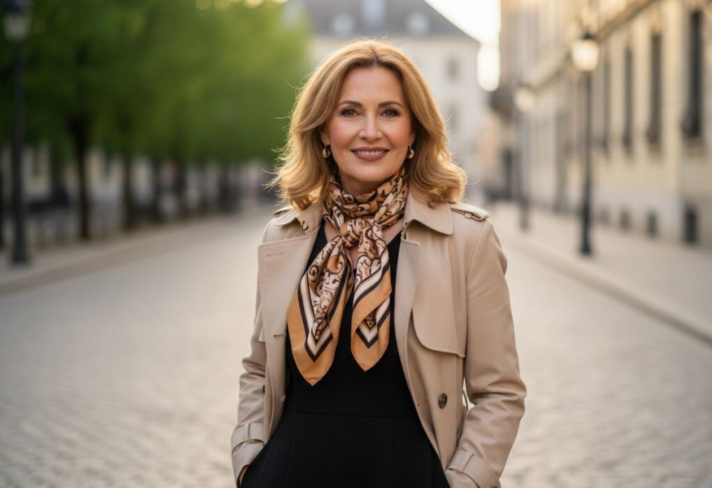 Portret dojrzałej kobiety w beżowym płaszczu i apaszce na tle rozmytego otoczenia.