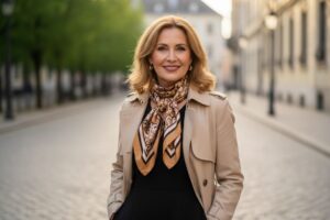 Portret dojrzałej kobiety w beżowym płaszczu i apaszce na tle rozmytego otoczenia.