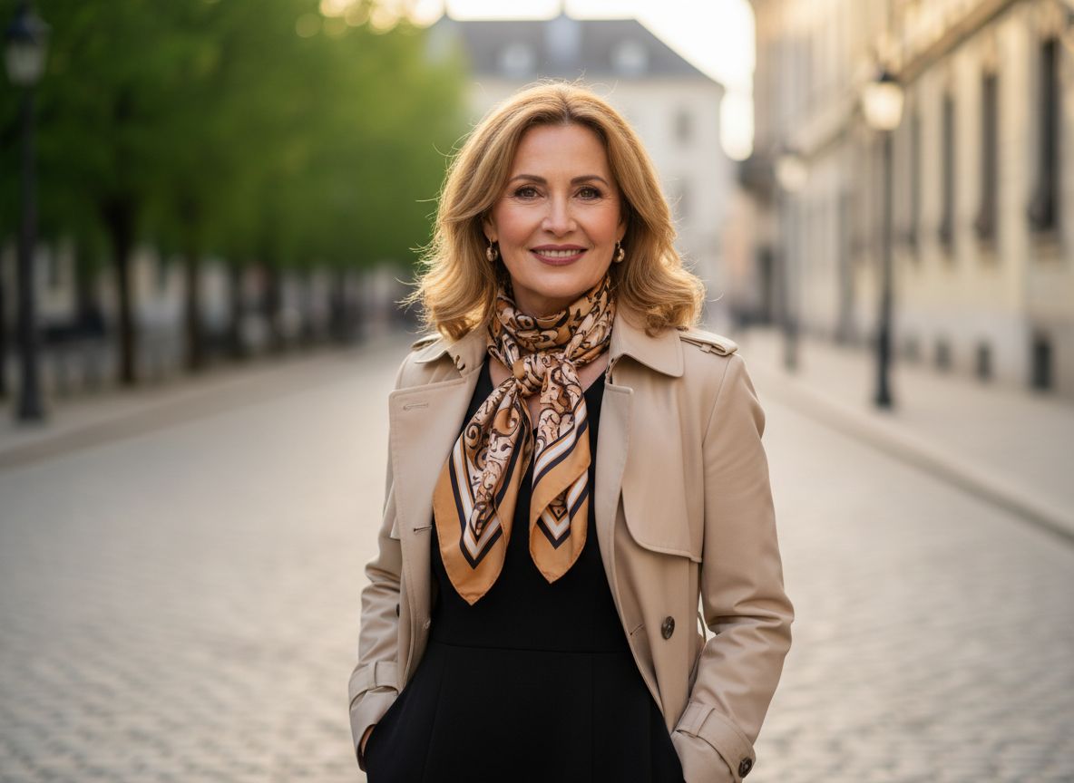 Portret dojrzałej kobiety w beżowym płaszczu i apaszce na tle rozmytego otoczenia.
