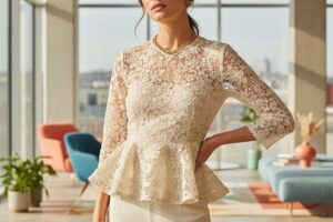 Kobieta w bluzce z peplum podkreślającej talię stoi w jasnym, nowoczesnym wnętrzu o naturalnym świetle