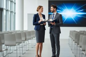 Profesjonalna kobieta i mężczyzna rozmawiający w sali konferencyjnej, trzymający notesy i kubki z kawą