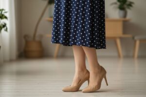 Kobieta w granatowej sukience w białe kropki i beżowych szpilkach stoi na jasnej drewnianej podłodze