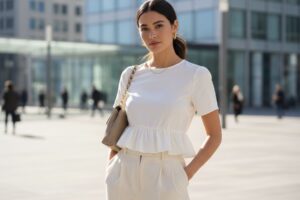 Kobieta w białej bluzce peplum i wysokich spodniach stoi pewnie w nowoczesnym miejskim otoczeniu.