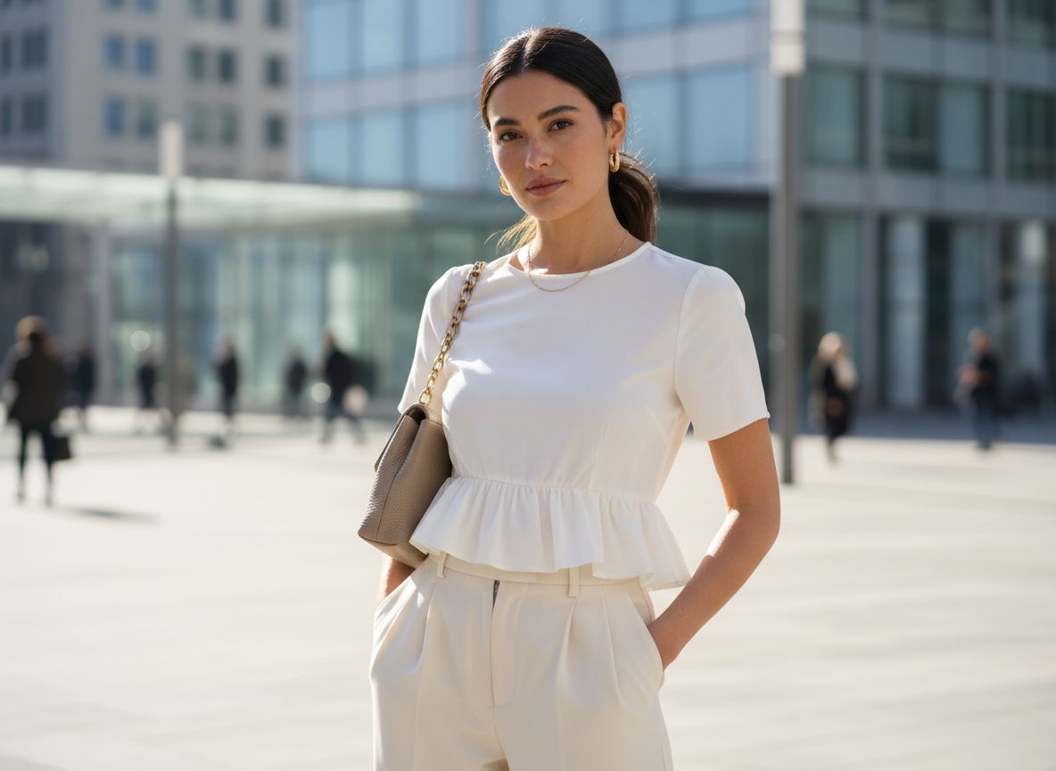 Kobieta w białej bluzce peplum i wysokich spodniach stoi pewnie w nowoczesnym miejskim otoczeniu.